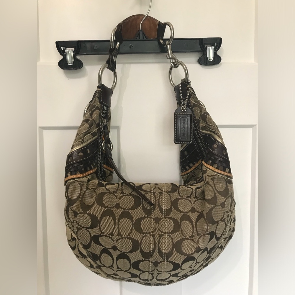 Coach Tan and Brown Hobo Bag with Signature Pattern